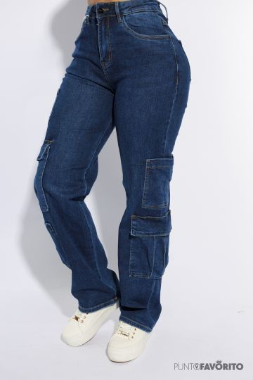 Pantalon Ancho Tipo Cargo Con 5 Bolsas