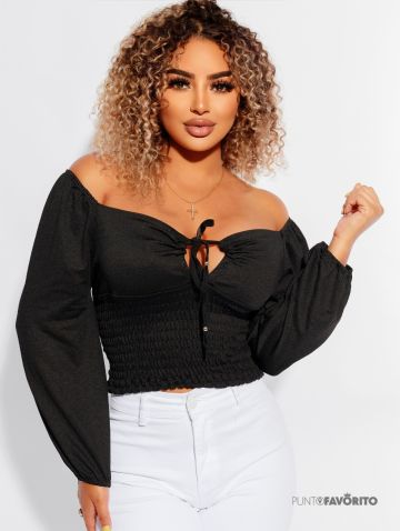 Blusa de dama manga larga con elástico en el abdomen