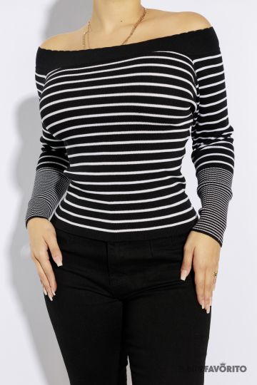 Blusa de rayas de hombro descubierto y ajuste en las muñecas